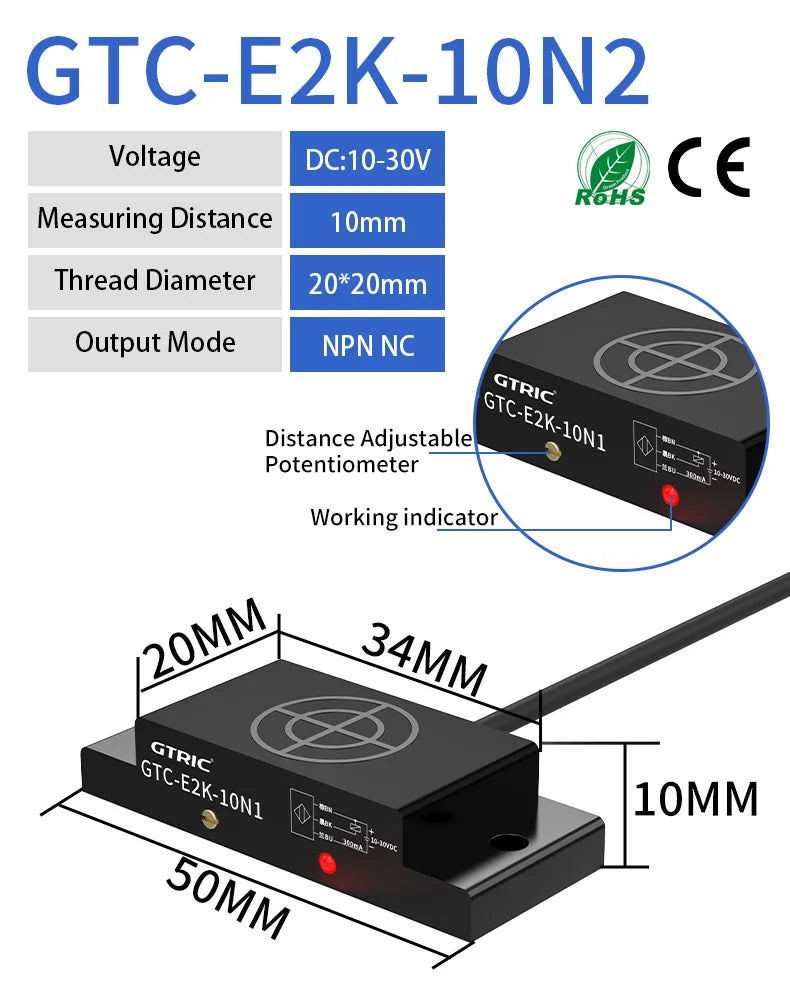 GTRIC E2K Series Proximity Sensor Matrix Capacitive Switch 10-30V DC 3-wire NPN PNP Sensing Distance 10mm Adjustable