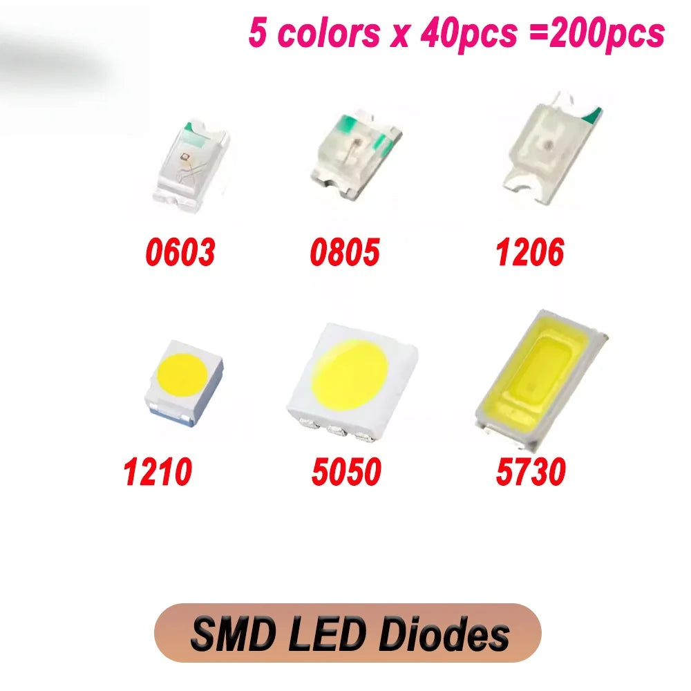 200pcs/lot SMD LED Diodes 0603 0805 1206 1210 5050 5730 High Brightness SMD LED Diodo Kit Green RED White Blue Yellow