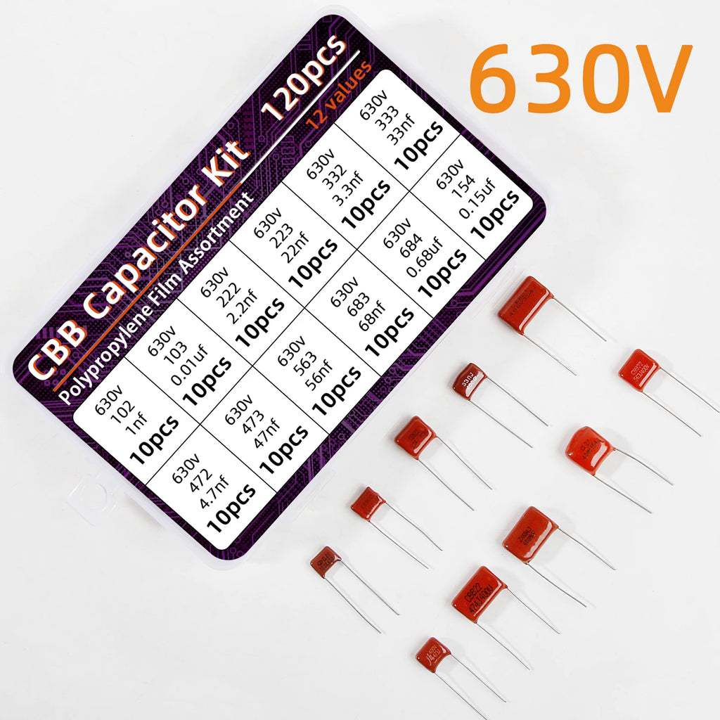 120pcs CBB Capacitor Assortment Kit Metallized Polypropylene Film Capacitors