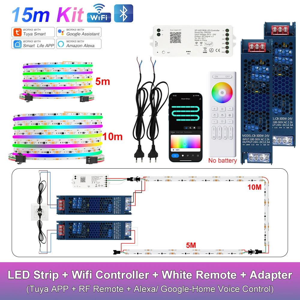 RGB-IC COB LED Strip with Tuya Wifi Controller 2.4G Remote Alexa Google Home Rainbow Color Addressable LED Tape 10m 20m 25m Kit