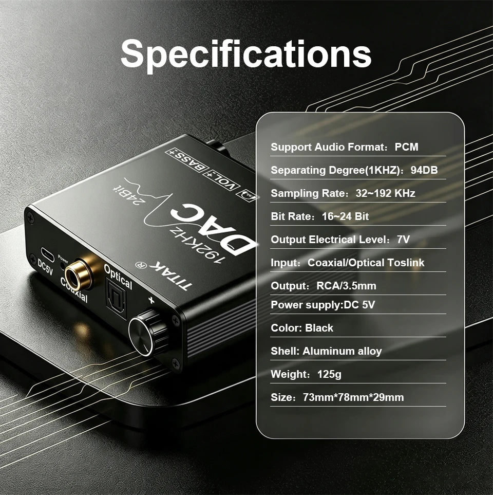 192KHz/24Bit DAC Digital to Analog Audio Converter Digital SPDIF Optical Toslink Coaxial to Analog Stereo L/R RCA and 3.5mm Jack