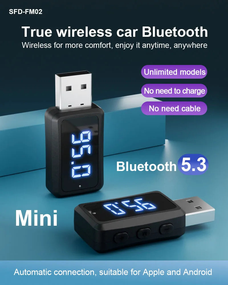 Mini USB Transmitter ReceiverCar Bluetooth 5.3 FM02  with LED Display Handsfree Call Car Kit Auto Wireless Audio For Fm Radio