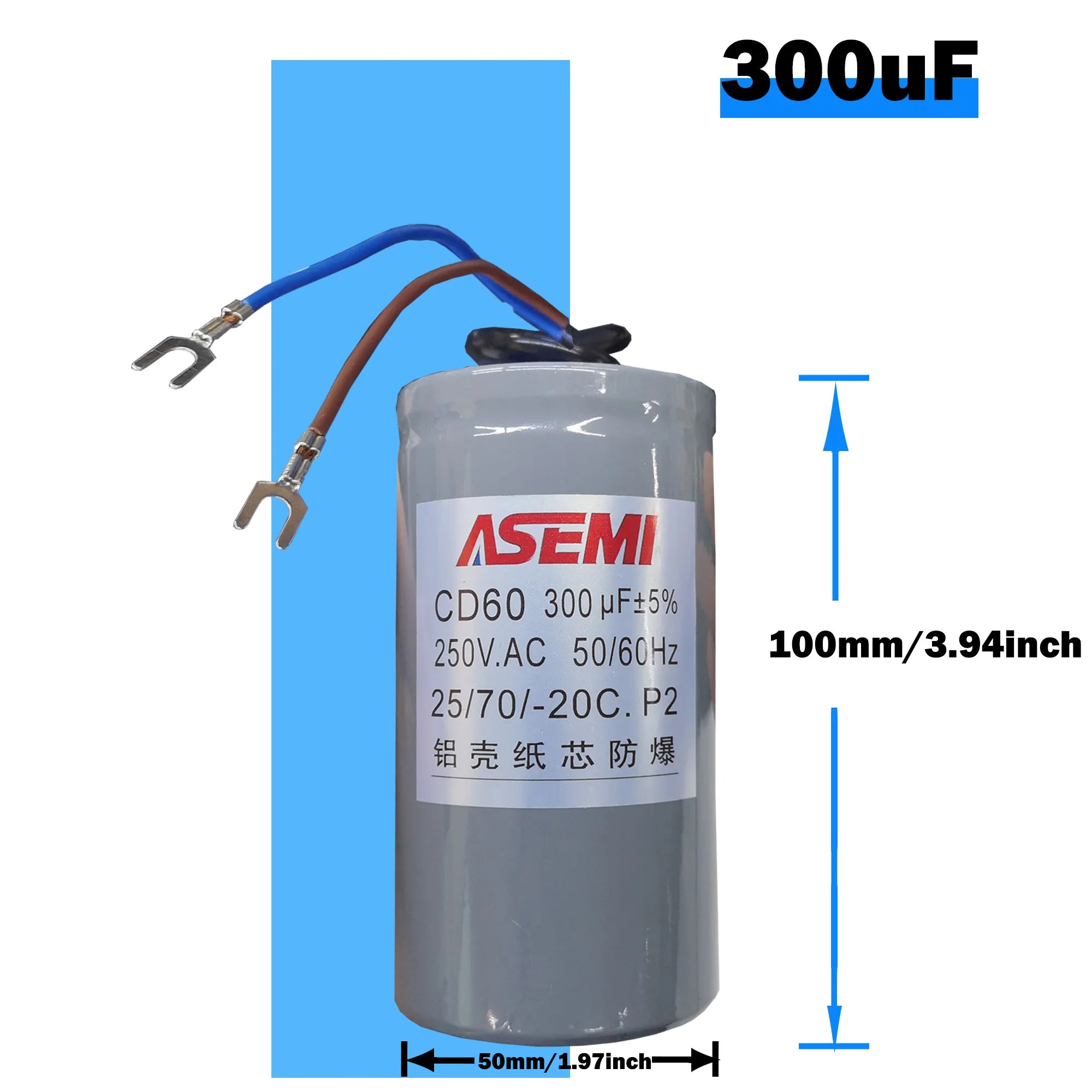 CD60 P2 250V AC 50/60Hz Starting Capacitor Startup Aluminum Shell Paper Core 75uF 100uF 150uF 200uF 250uF 300uF