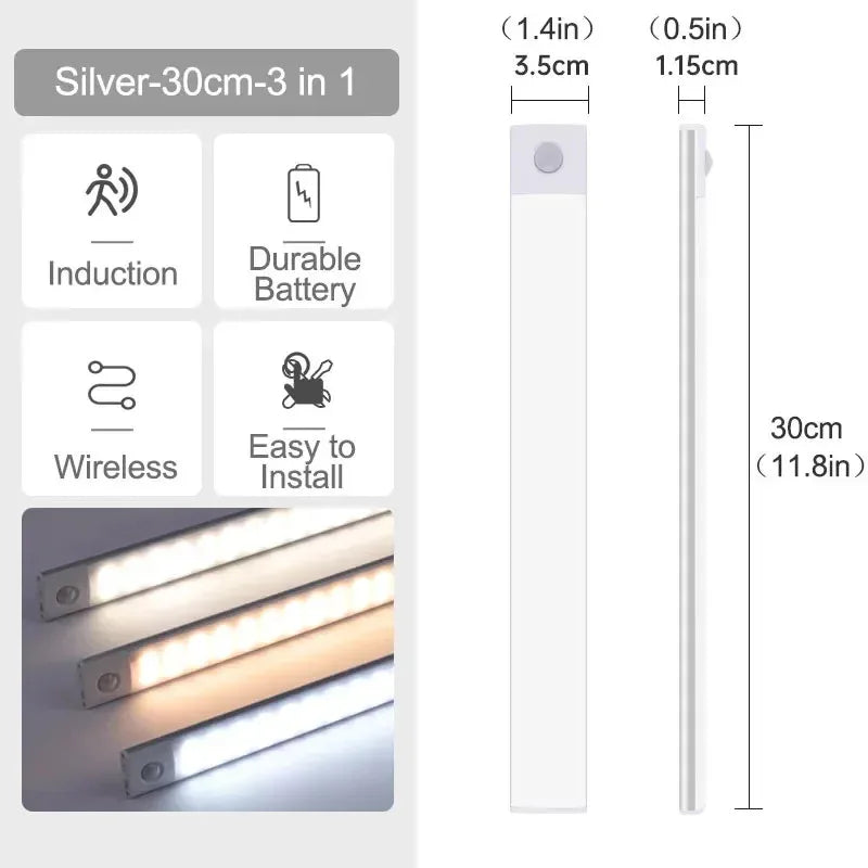 10-60cm USB Rechargeable Ultra-Thin Motion Sensor Light Magnetic Mount  3-Color Adjustment Under Cabinet Light for Home Office