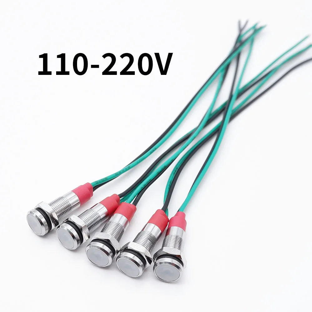 5pcs 6mm Metal Indicator Light LED Warning Signal Lamp Pilot With Wire 3V 5V 6V 12V 24V 220V Red Orange Blue Green White