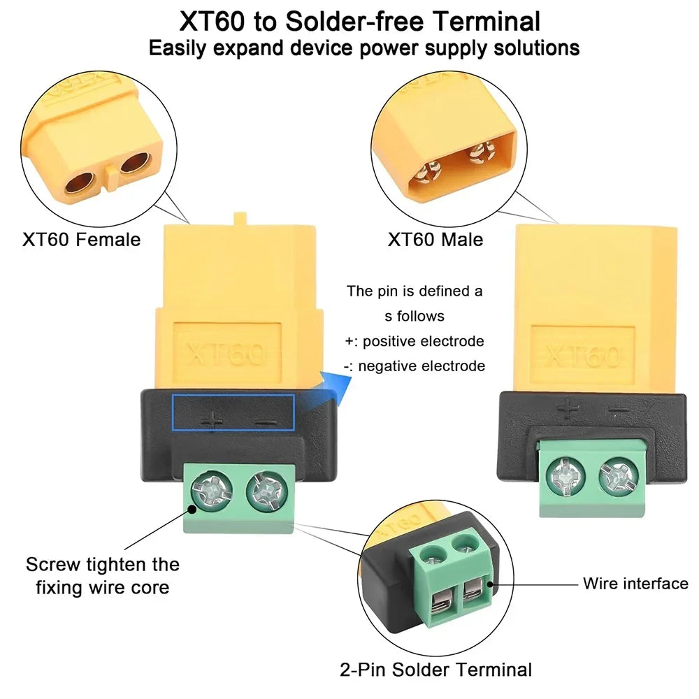 XT60 Solderless Connector Male/Female To 2Pin Screw Terminal Adapter Portable XT60 Bullet Connector Power Plug for RC Planes