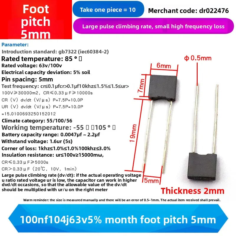 10PCS 100V Correction Capacitor Polypropylene Safety Plastic Film 100V 1nF ~ 470nF 100nf 220nf 10nf 47nf 22nf 1nf 0.47uf 0.1uf
