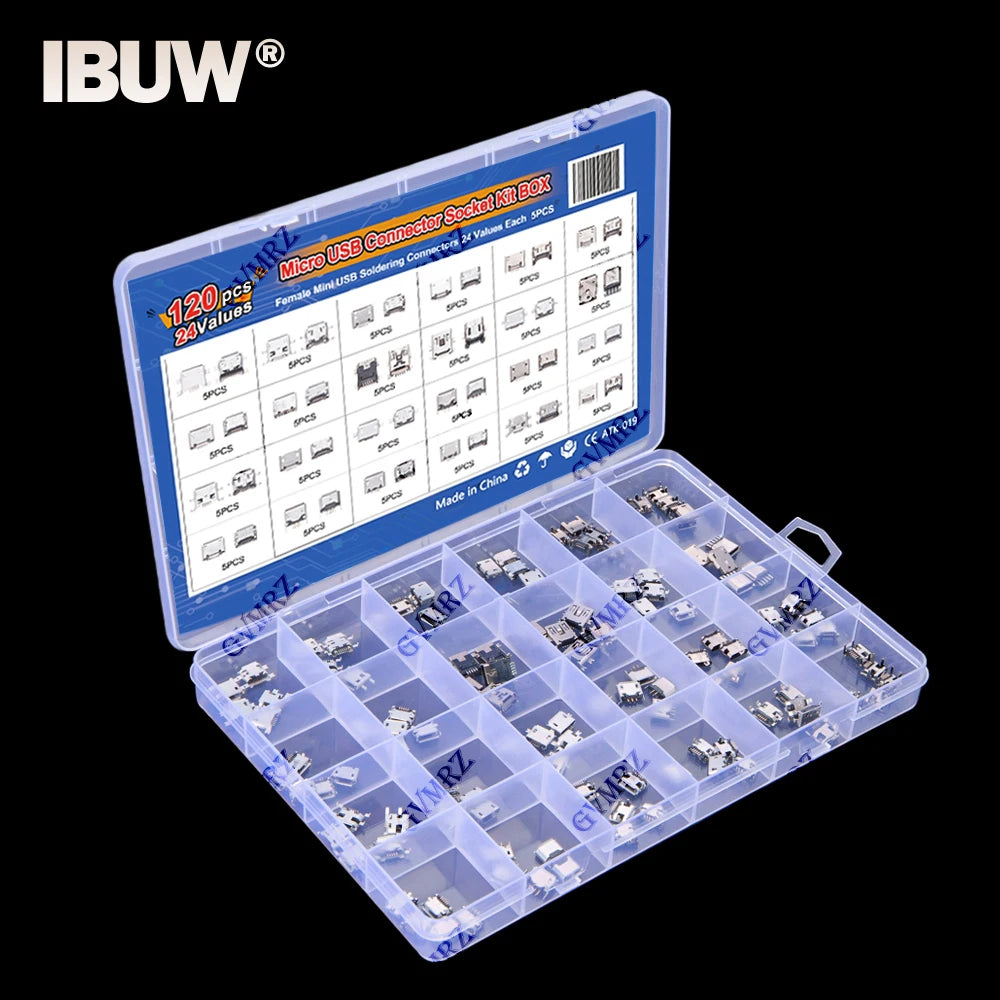 120Pcs Micro USB Connector Kit 24 Models Female Mini Usb Soldering Connectors Diy For MP3/4/5 Samsung Huawei SMD DIP Socket Kit