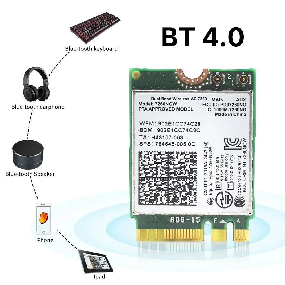 Kebidumei 7260 AC Bluetooth 4.0 WiFi 1200Mbps Wireless M.2 NGFF Wifi Network Card 802.11AC Dual Band 2.4G 5G For Laptop 7260NGW