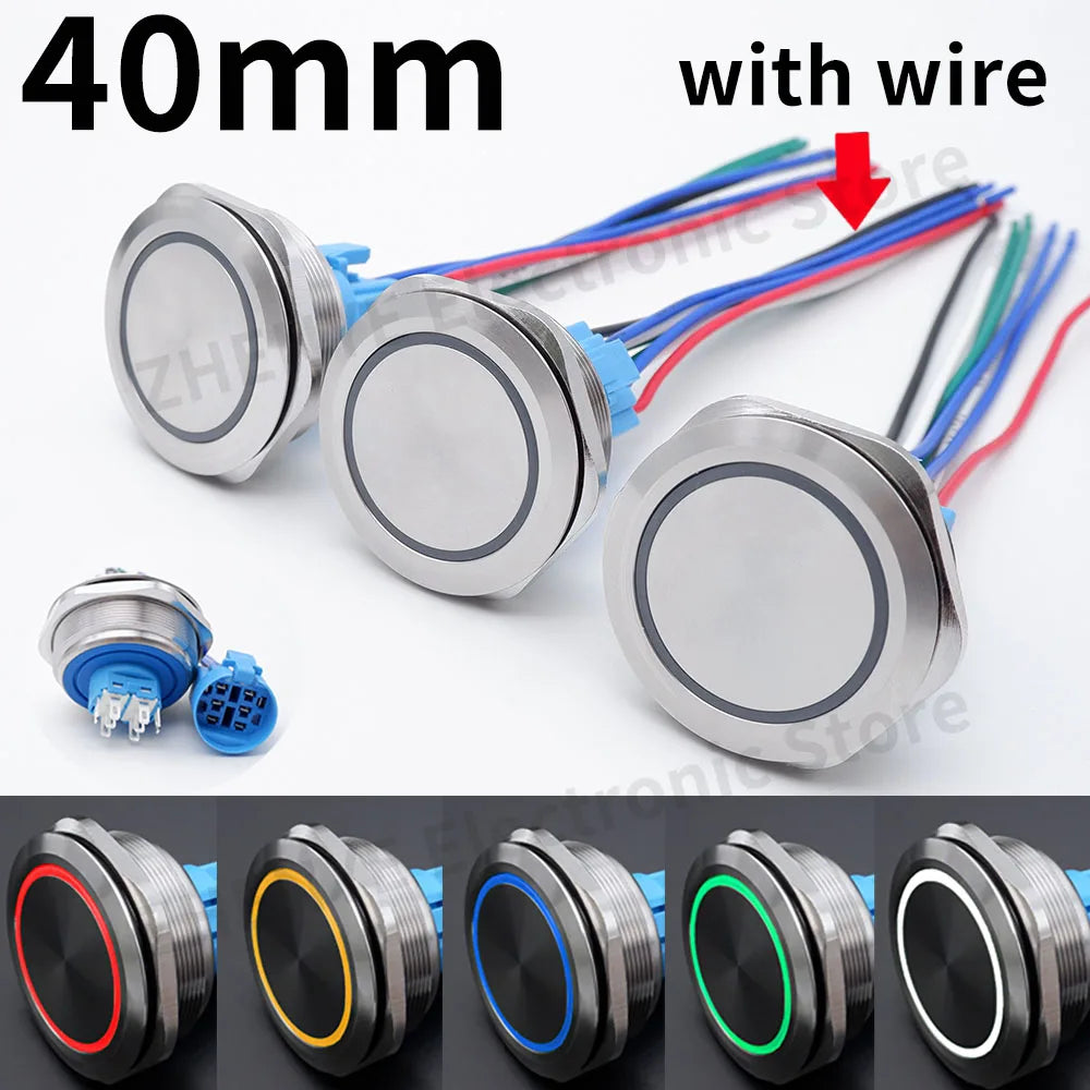 40mm Metal Push Button Switch Power LED Light Waterproof Reset Self-locking Latching Start Stop Switch On Off 2NO2NC With Wire