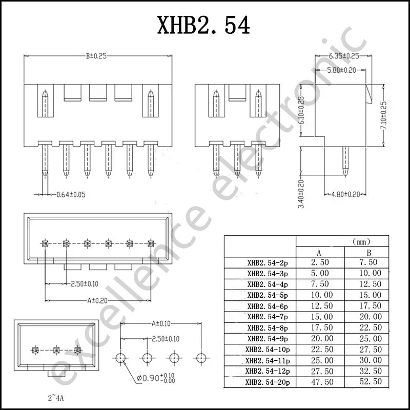 10Sets XHB 2.54MM Connector with Buckle Hole Though Type 2/3/4/5/6/7/8/9/10 Pin Straight /Curved Pin+Housing+Crimp Terminal Kits