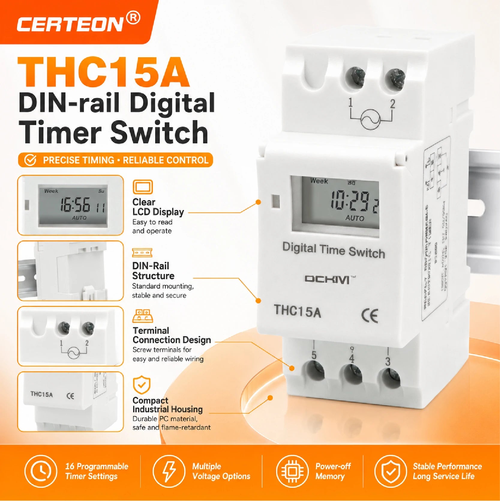 THC15A Digital Timer Switch Programmable Time Switch 30A DIN Rail Weekly Timer Relay 12V 24V 110V 220V LCD Controller