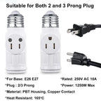 E26 E27 LED Bulb Base to US 2/3Prong Splitter Convert Polary Light Socket Switch AC Plug Garage Porch CCTV Camera Outlet Adapter
