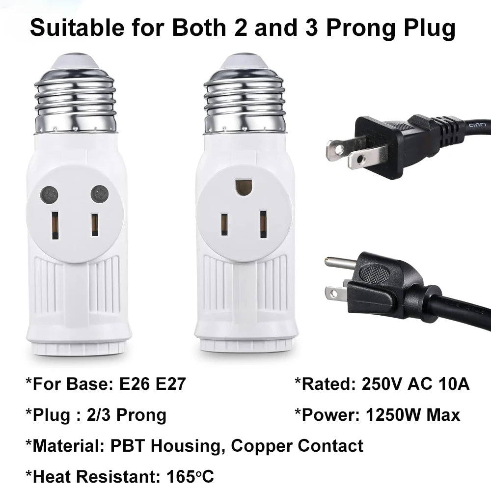 E26 E27 LED Bulb Base to US 2/3Prong Splitter Convert Polary Light Socket Switch AC Plug Garage Porch CCTV Camera Outlet Adapter