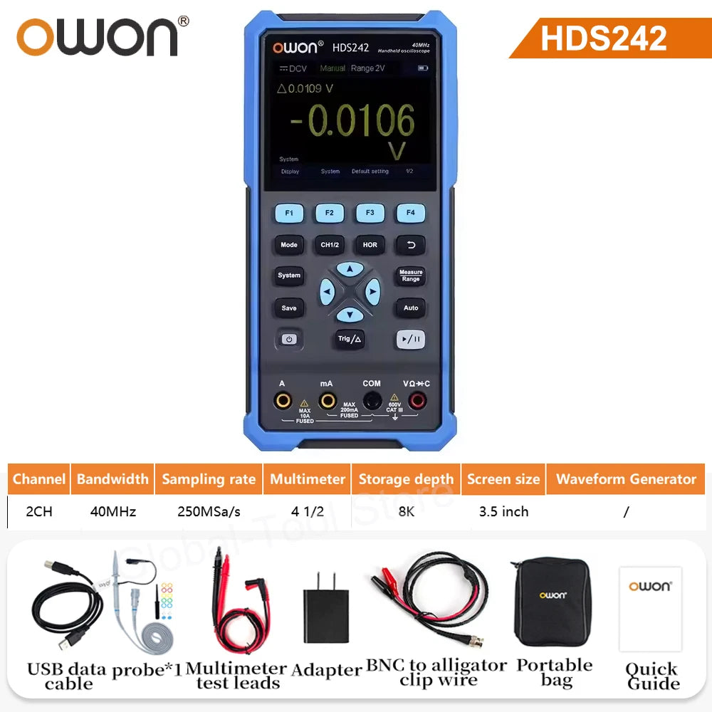 OWON HDS2202S 2102S Digital Oscilloscope 2Channels 200Mhz 1GSa/s Portable 3in1 USB Osiclloscopes + Multimeter+Waveform Generator