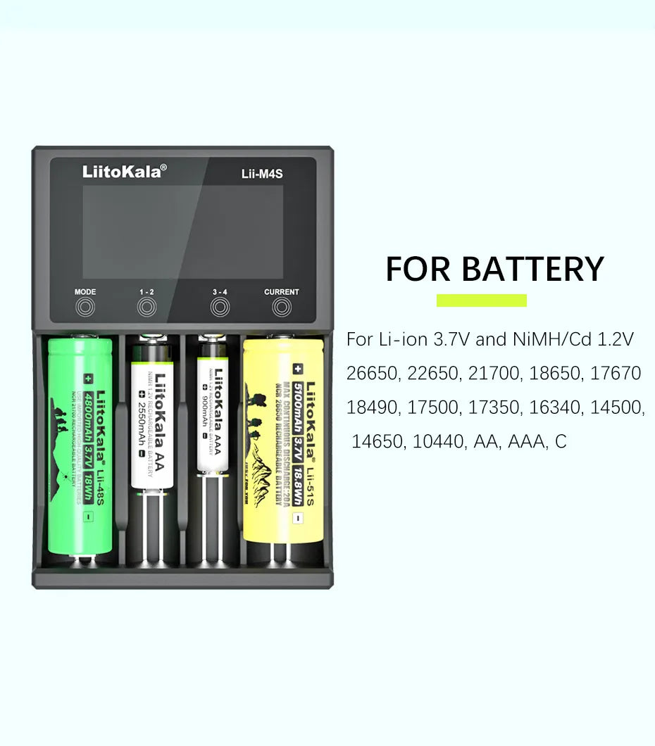 LiitoKala Lii-M4 M4S 18650 LCD Display Smart Charger Test Capacity Suitable For 3.7V 26650 18350 21700 18500 1.2V AA AAA 4 Slots