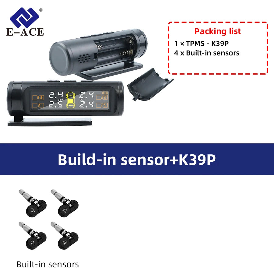 E-ACE 4 Sensors TPMS Removable Battery Wireless Intelligent Sensing Tire Pressure Monitor System Safety Alarm LCD Display