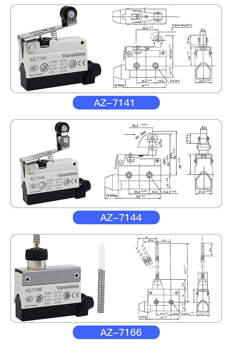 Waterproof AZ Micro Limit switch 10A 250V AZ-7312 AZ-7311 AZ-7121 AZ-7120 Small Roller Lever Travel Switch without fixation