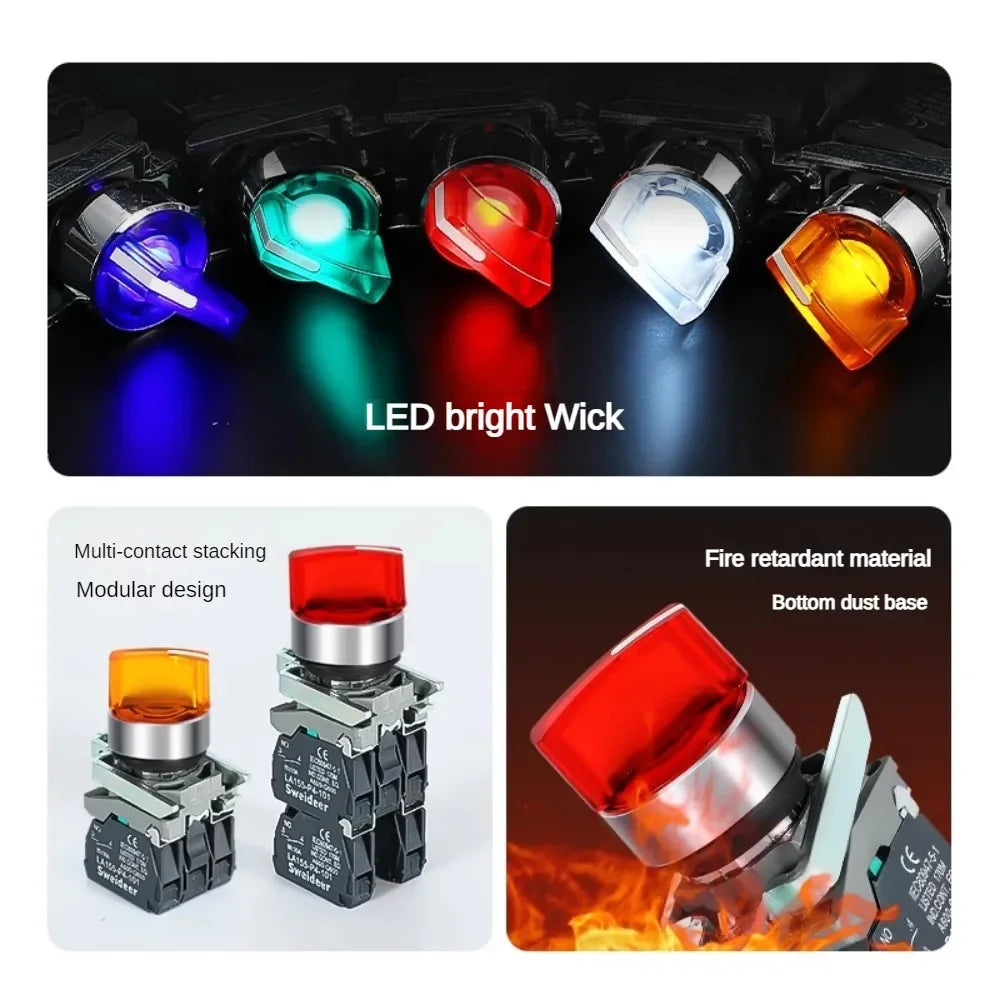 XB4 Knob Switch with Light 22mm 2/3Position Self Locking 1NO/2NO/1NO1NC Select Rotary Switch with LED 12V 24V 220V 10A Red Green