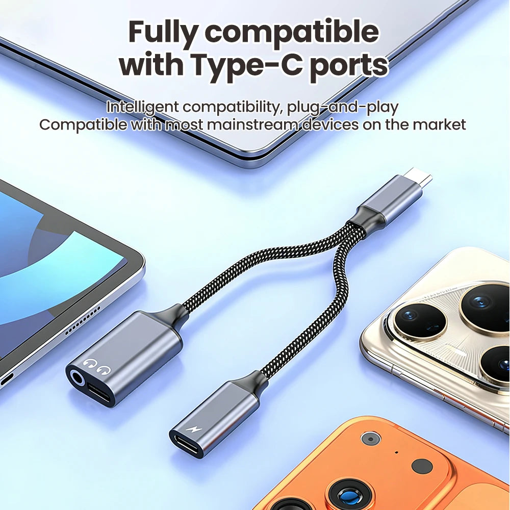 3 in 1 USB C Adapters Type-C to 3.5mm/Type-C Headphones+ Type-C Charging Connector For iPhone 15-17 Xiaomi Huawei Samsung Phones