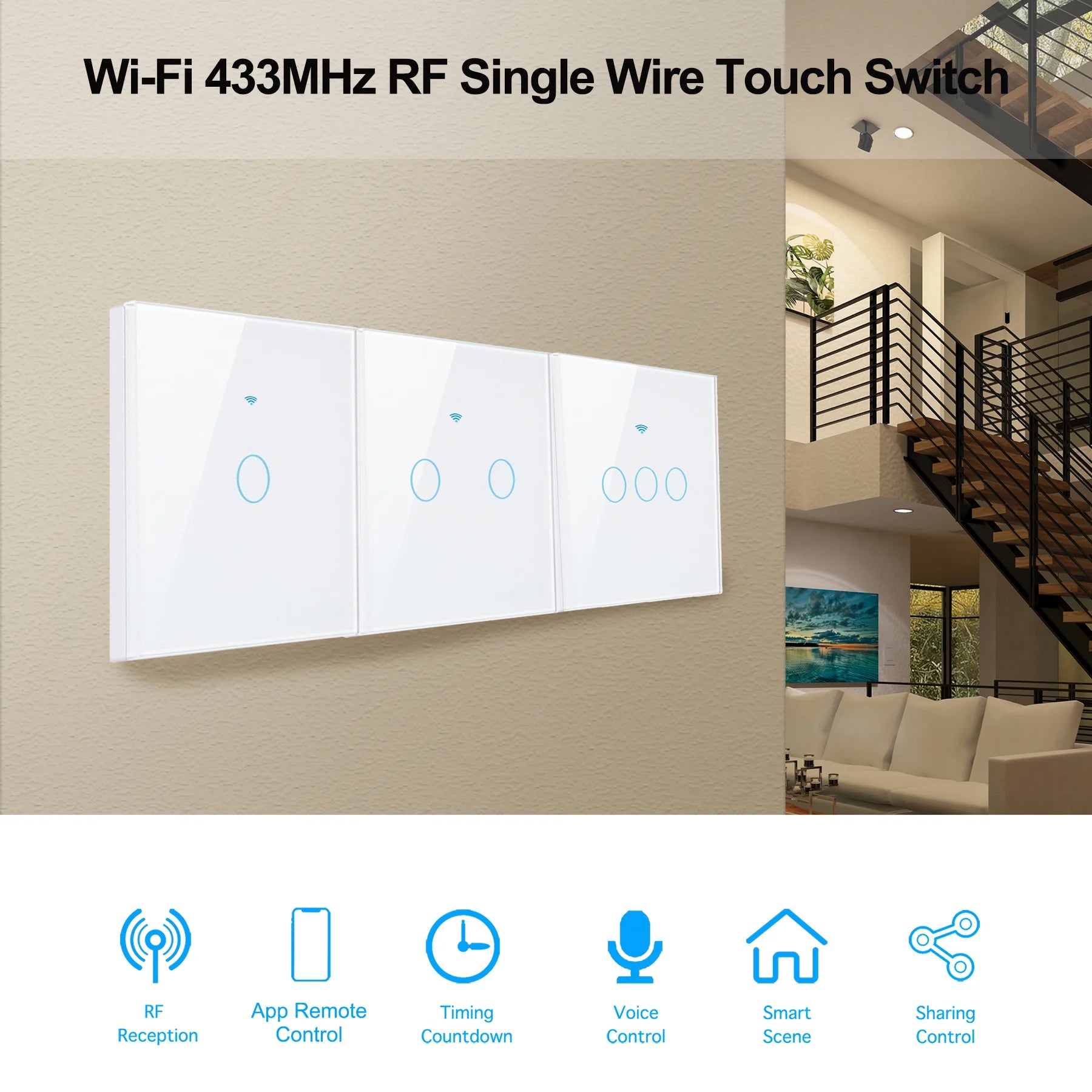Works With Tuya WiFi Smart Switch Alexa No Neutral Wire Wireless RF433Mhz Remote Wall Touch Sensor Lightes Switch 1/2/3Gang