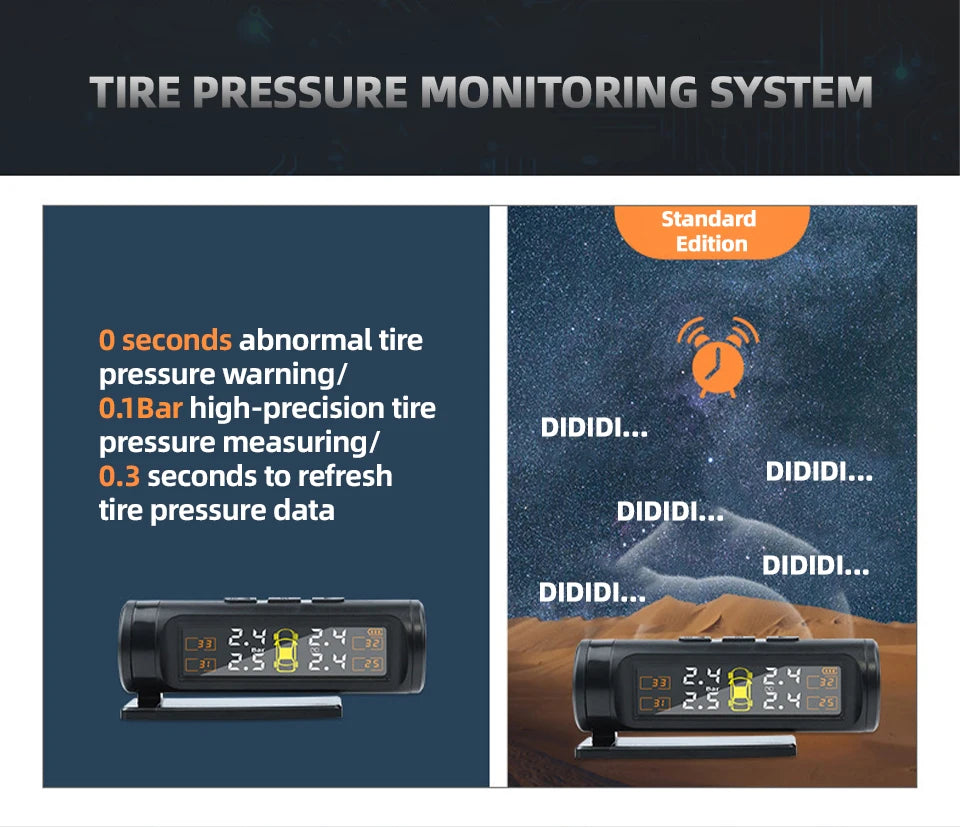 E-ACE 4 Sensors TPMS Removable Battery Wireless Intelligent Sensing Tire Pressure Monitor System Safety Alarm LCD Display