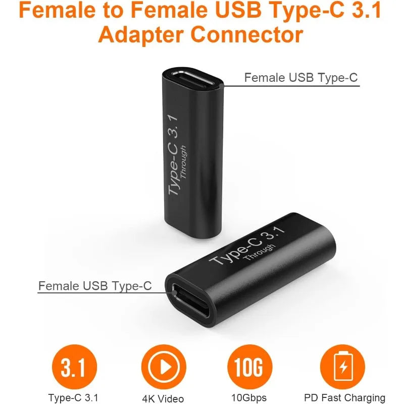 2PCS USB-C Female to USB-C Female Aluminum Connector Adapter Support 4K Video, Fast Charging & 10Gbps Data Transfer. (Black)