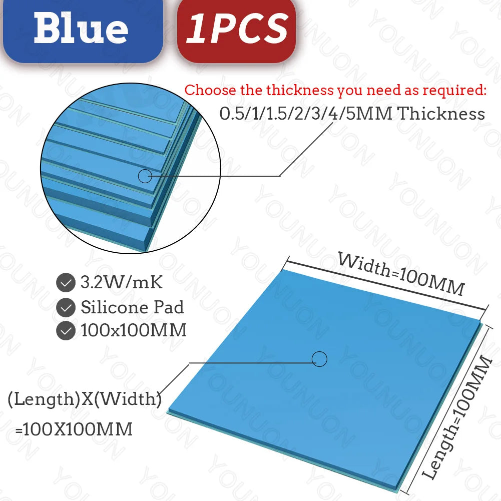 YOUNUON 100x100mm 0.5mm 1mm 1.5mm 2mm 3mm 4mm 5mm tichkess Thermal Pad CPU Heatsink Pad Cooling Conductive Silicone Thermal