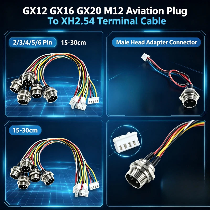 M12 Aviation Plug 2 3 4 5 6 Pin Male Head Adapter Cable Connector GX20 GX16  GX12 to XH2.54 Terminal Wire Extension Line 15-30cm