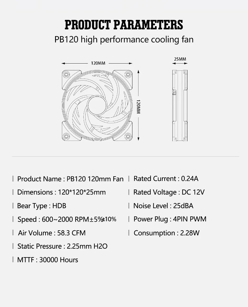 JUMPEAK PB120 120mm Cooling Fan Quiet 4PIN PWM 2000RPM High Performance 12cm Fans For PC Computer Case CPU Cooler Radiator