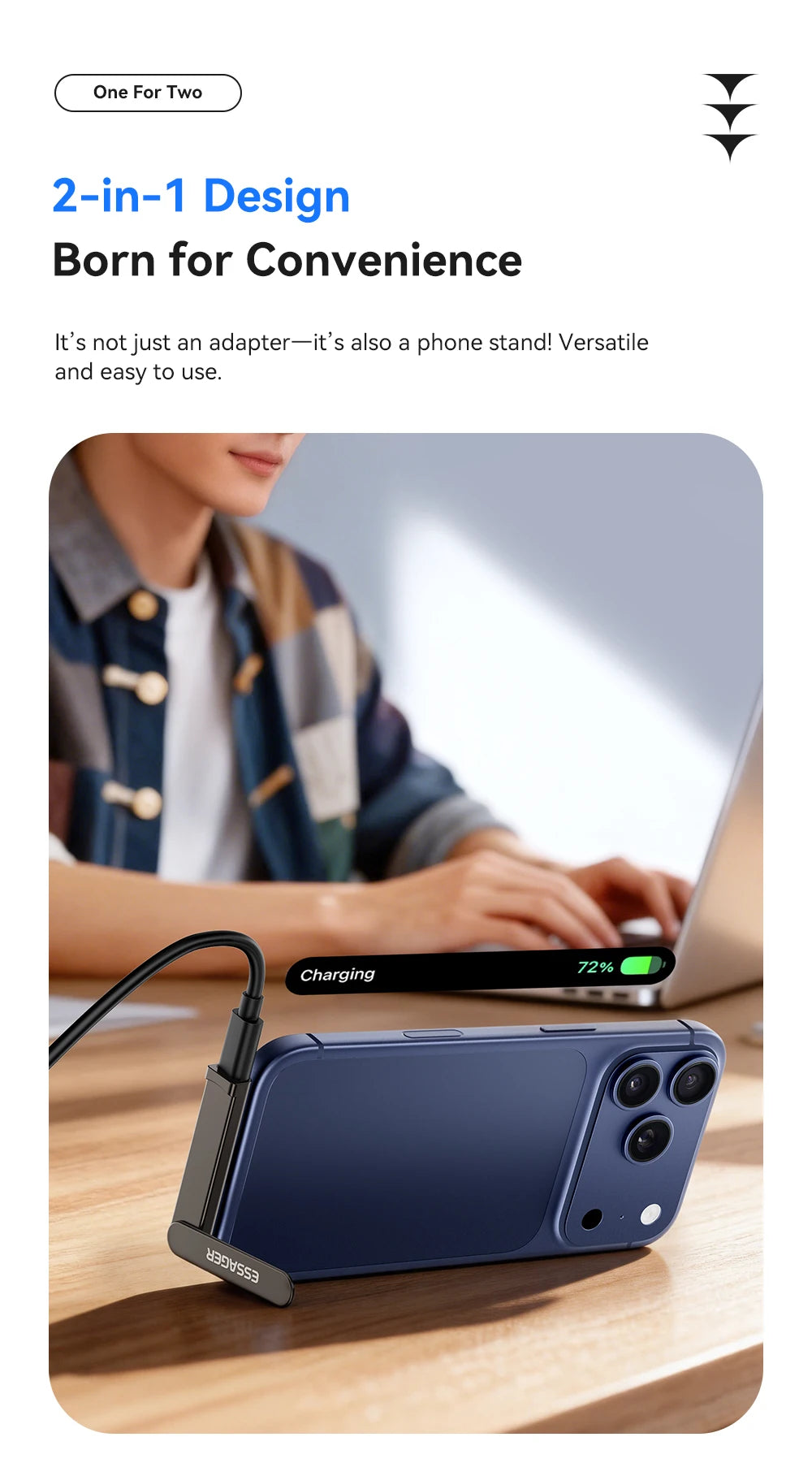 Essager Dual Type C Foldable Elbow Bracket 240W Charging Adapter 2-in-1 Converter for iphone 17 16 15 Huawei Xiaomi Samsung Oppo
