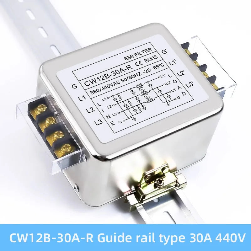 3-phase 3-wire AC power supply EMI filter CW12B-10/20/30A-R 380/440VAC terminal&Guide rail type power purifier Anti-interference