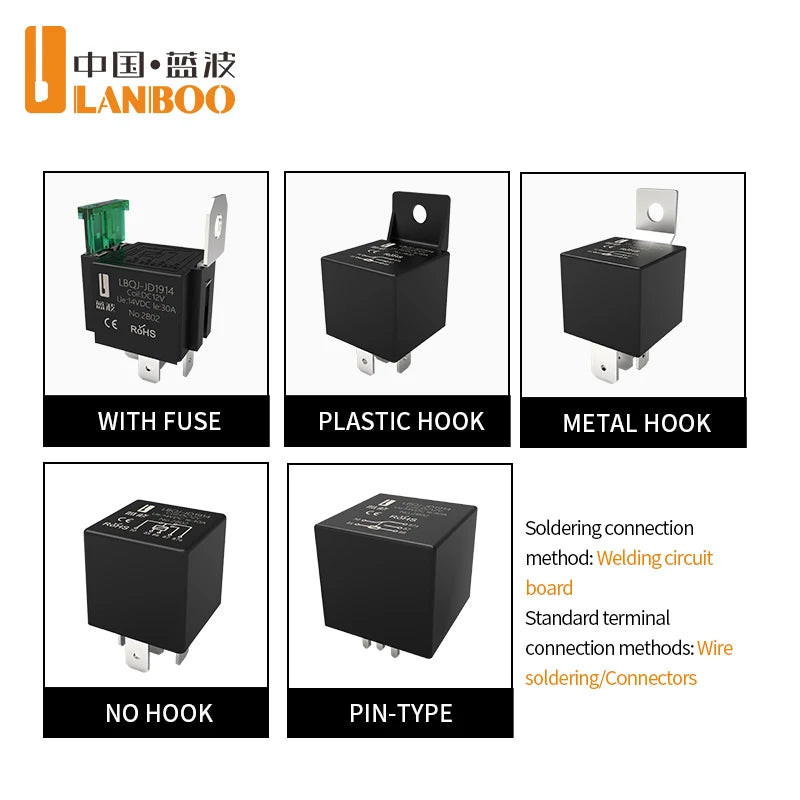 LANBOO High Current Car/Auto Relay 12V 24V 30A with 4PIN/5PIN Applications include lighting control and horn control.