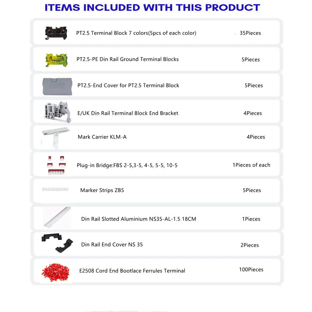PT2.5 Din Rail Terminal Block 12AWG Push-in Spring Contact End Cover Stop Jumper Bridge Marker Strip Assembly Combined Kit