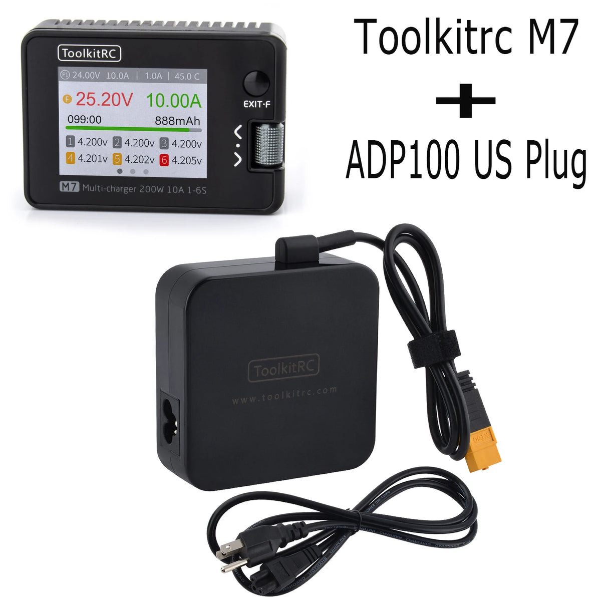 ToolkitRC M7 200W 10A Balance Charger Discharger With ADP100 for 1-6S Lipo Battery Voltage Servo Checker Receiver Signal Test