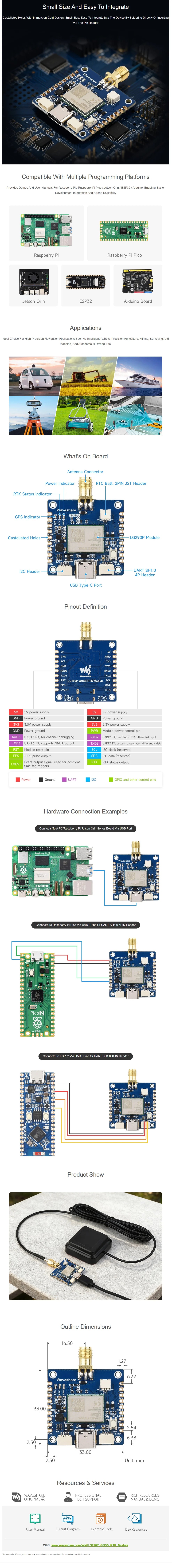 Waveshare LG290P Series Quad-band GNSS Module, Quad-band RTK Centimeter-Level Positioning, L1+L2+L5+E6 Quad-band Positioning