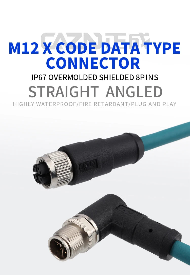 Factory M12 8 Pins X Code Molded Plug Male Female Straight  Angled to Open Ethernet Cable CAT5E 6A PVC PUR Data Type Connectors