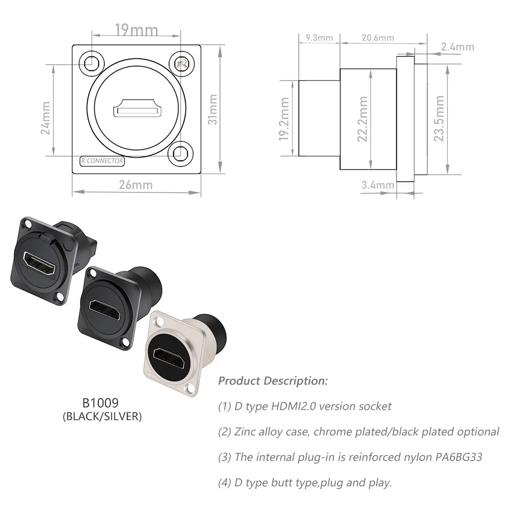 1PC D Type Chassis Connector, D Female Socket Panel Mounted Connector HDMI-Compatible
