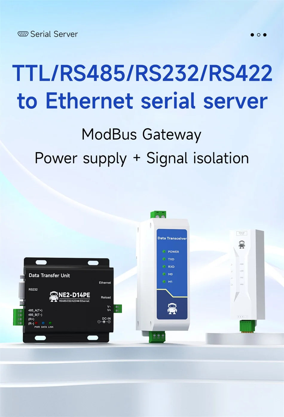 RS485 RS232 RS422 To Ethernet Serial Port Server DIN Rail Instal CDSENET NE2-D11 DC 8-28V  Modbus MQTT HTTP DNS  FOTA Remote Up