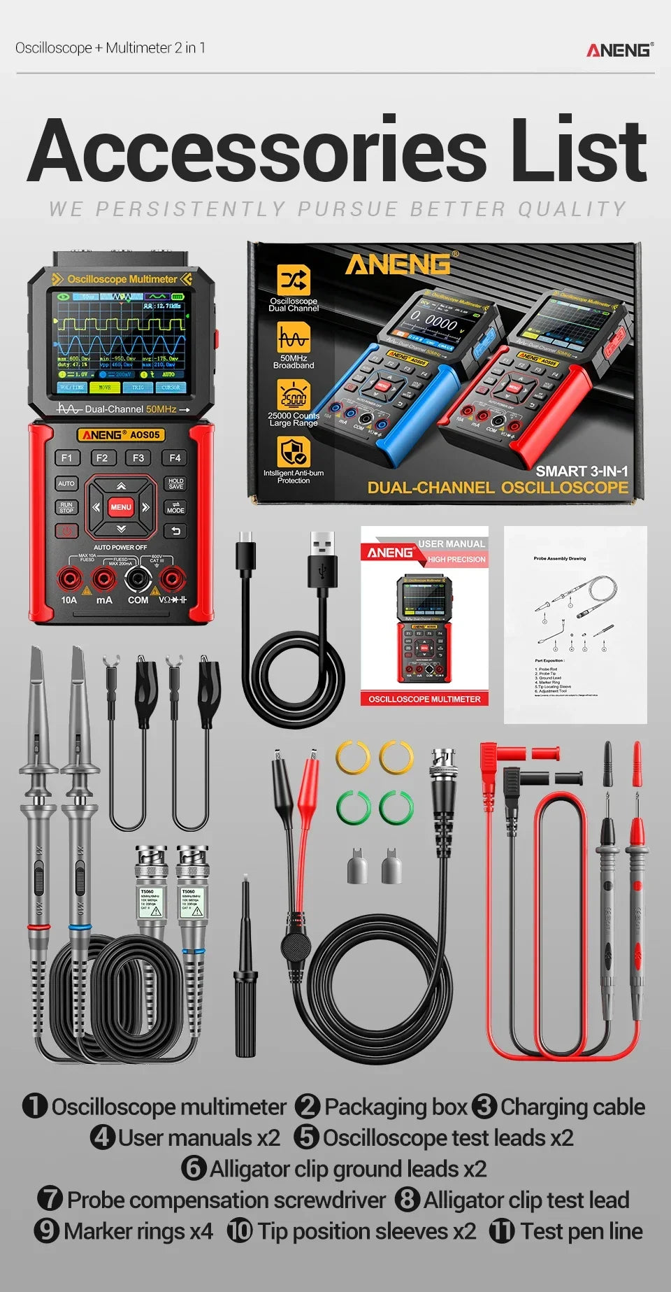Dual-channel Oscilloscope Rechargeable 50MHz Bandwidth 200MSa/s Sampling Smart Automatic 3-in-1 Detector 25000 Count ANENG AOS05