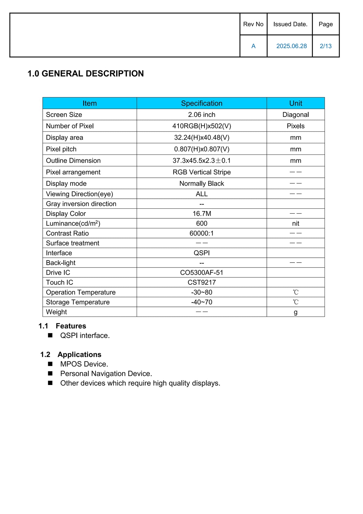 2.06-inch AMOLED display capacitive touchscreen CO5300AF-51 driver IC QSPI interface 24-pin male connector