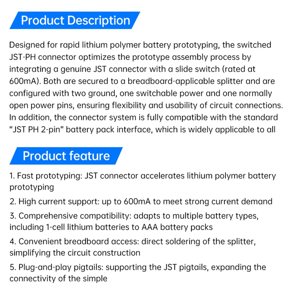 Switched JST-PH 2pin Connector SMT Right Angle Breakout Board Power Module + Pin row Adapt to 1-core Lithium Battery/AAA Battery