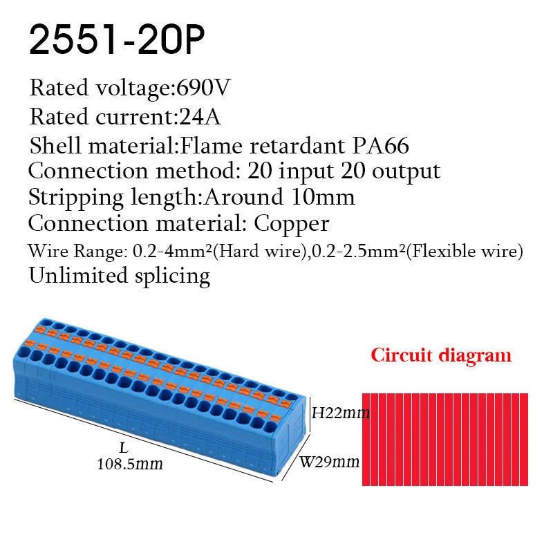 Electrical Cable Wire Connectors Push-in Terminal Block Universal Compact Wiring Multiple In Out Spliceable Mount On Din Rail