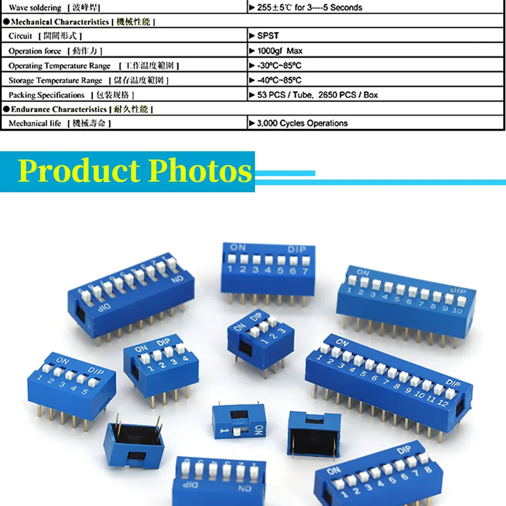 5PCS Blue Toggle Switch Spacing 2.54MM DIP Dial The Code Switch 1 2 3 4 5 6 7 8 9 10 12 PIN Quick Switch