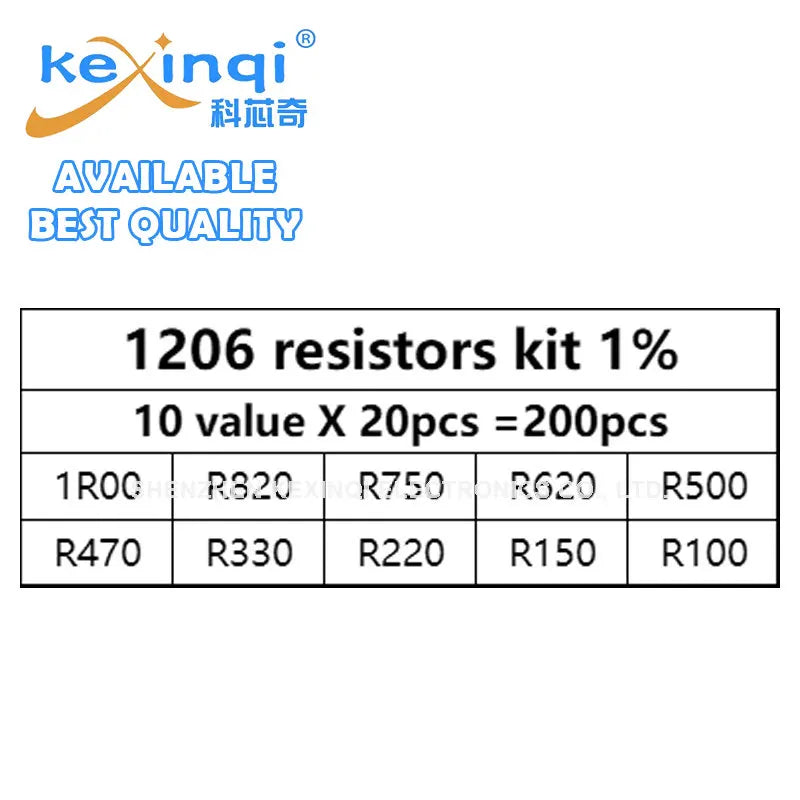 200Pcs Set of Resistors 1% 1206 SMD Resistors Assorted Kit 10 Value X 20pcs 1R00 R820 R750 R620 R500 R470 R330 R220 R150 R100