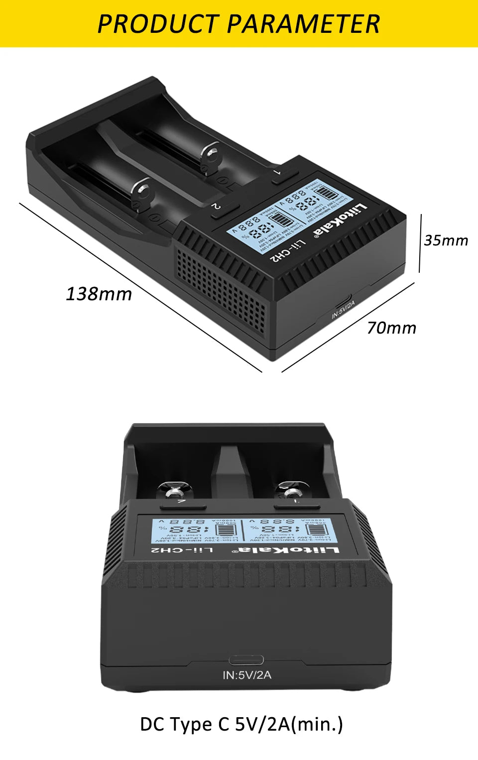 LiitoKala Lii-CH4 Smart Charger for 18650/21700/26650/AA/AAA/Ni-MH/Li-ion,1.2V/1.5V 4-Slot Fast Charge, USB-C, Auto Detect