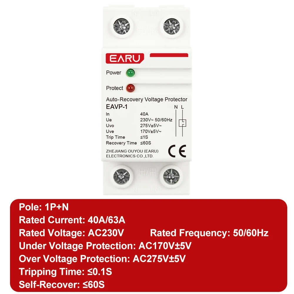 EARU 40A 63A AC 230V 400V Din Rail Automatic Recovery Reconnect Over Voltage Under Voltage Protective Device Protection Relay