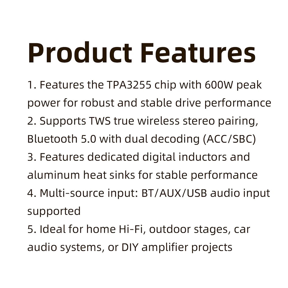 XY-T6001P Mono 600W Amplifier Board TPA3255 DC 19-51V TWS True Wireless Bluetooth 5.0 AUX USB APP Control for Car Home Audio DIY