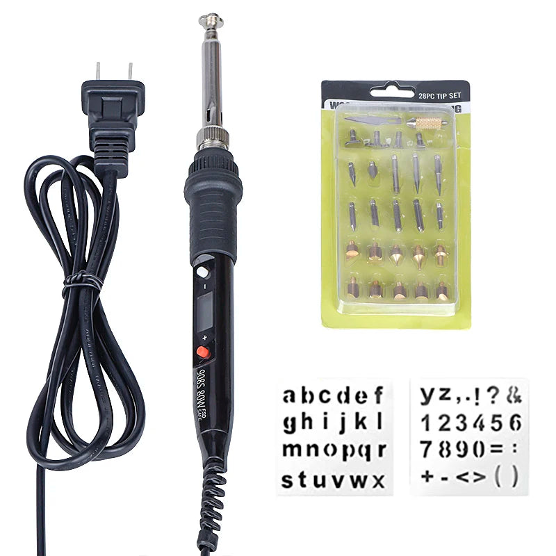 JCD 80W Engraving Pen Electric Soldering Iron Wood Burning Kit Flipping Word Embossing Pyrography Tool Craft 28PC TIP Set 908S