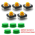20PCS Tactile Push Button Switch Momentary 12*12*7.3MM Micro switch button with knob Yellow Green Red Kit 12x12x7.3